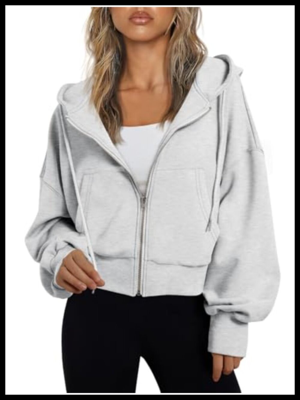 Cropped Zip Up Hoodie Polyester Cotton Relaxed Fit Casual Layer